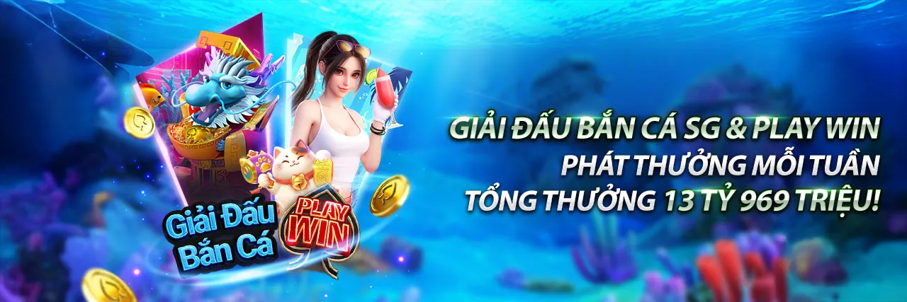 Hình ảnh game bắn cá với đại dương xanh thẳm, các loài cá đầy màu sắc và hiệu ứng súng đạn.